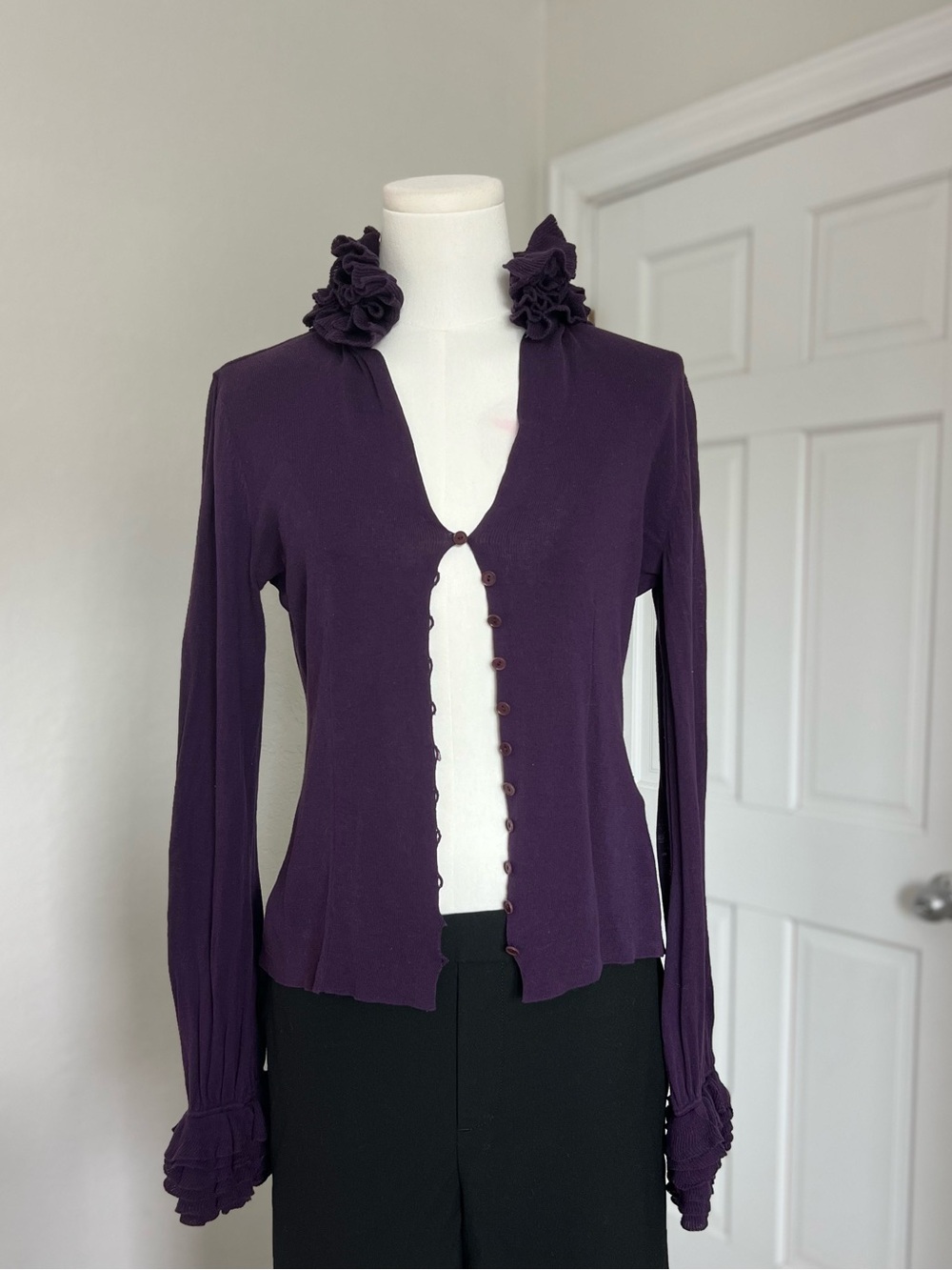 Bryan Bradley Fall 2007 Vintage Y2K Purple Ruffle Cardigan Sweater M Gothic
